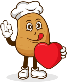 A cartoon illustrated potato holds a big red heart in one hand and gives the 'ok' hand symbol with the other