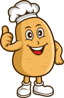 A cartoon illustrated potato holds a big red heart in one hand and gives the 'ok' hand symbol with the other